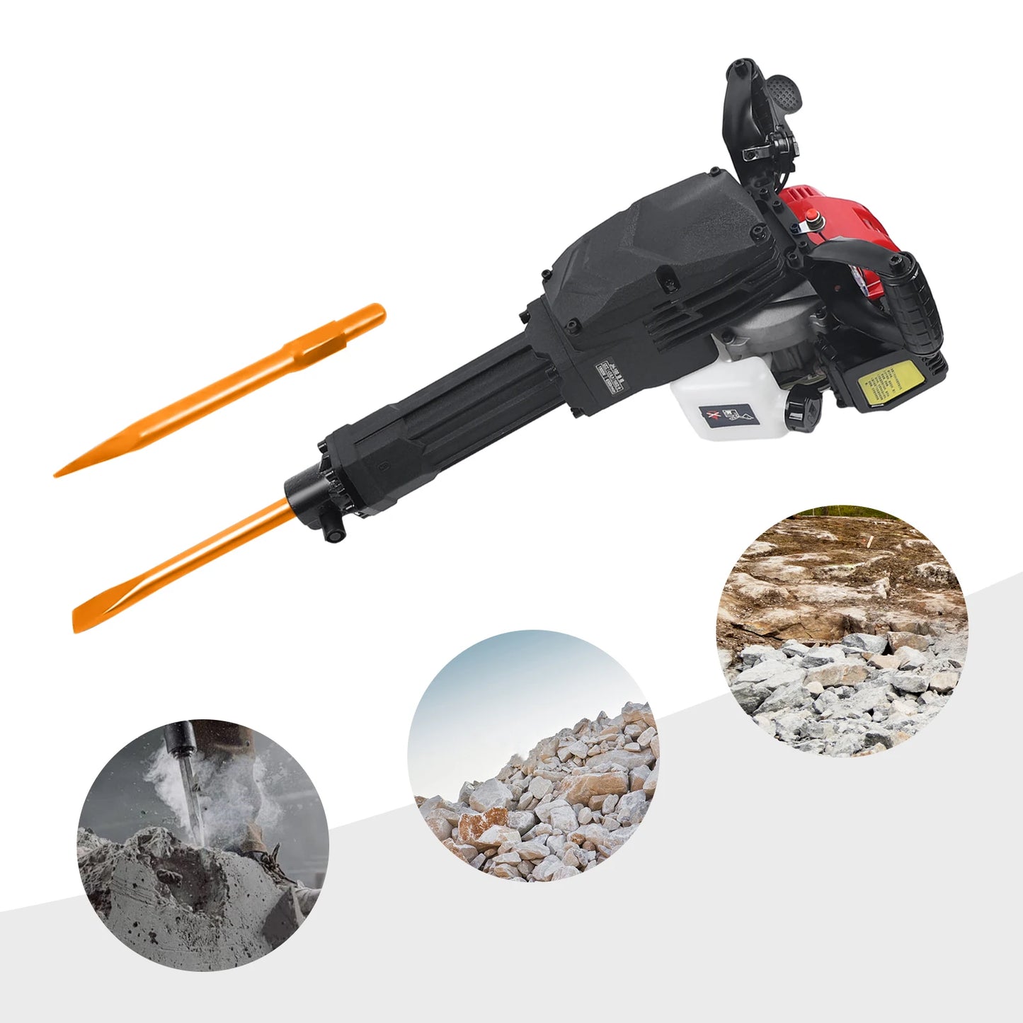Demolition Jack Hammer 1900W, 52CC Gas Powered Breaker With 1500bpm Impact Frequency, 20-55J Impact Energy for Concrete Rock Breaking, Point & Flat Chisel