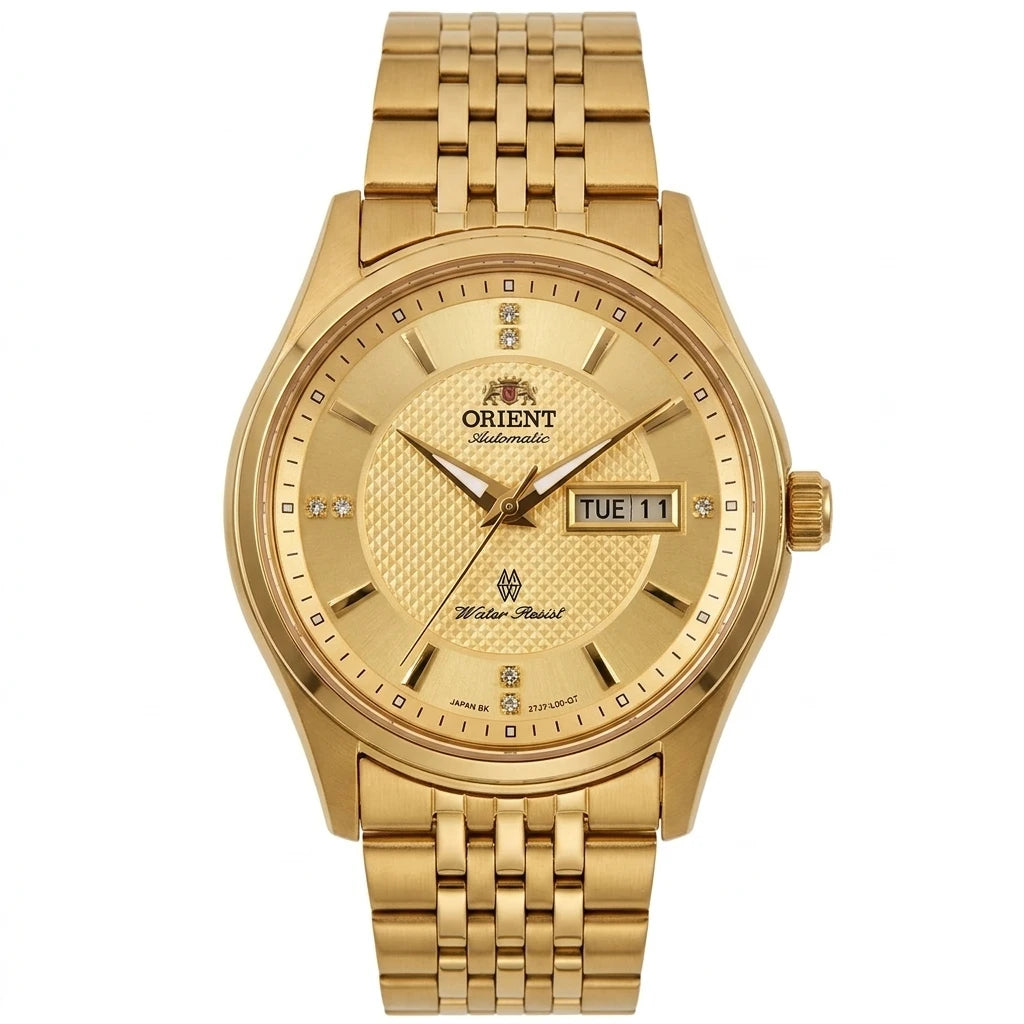 Orient Men's Business Automatic Mechanical Watch Dual Calendar Week Display Crystal Hour Markers Stainless Steel Band Wristwatch