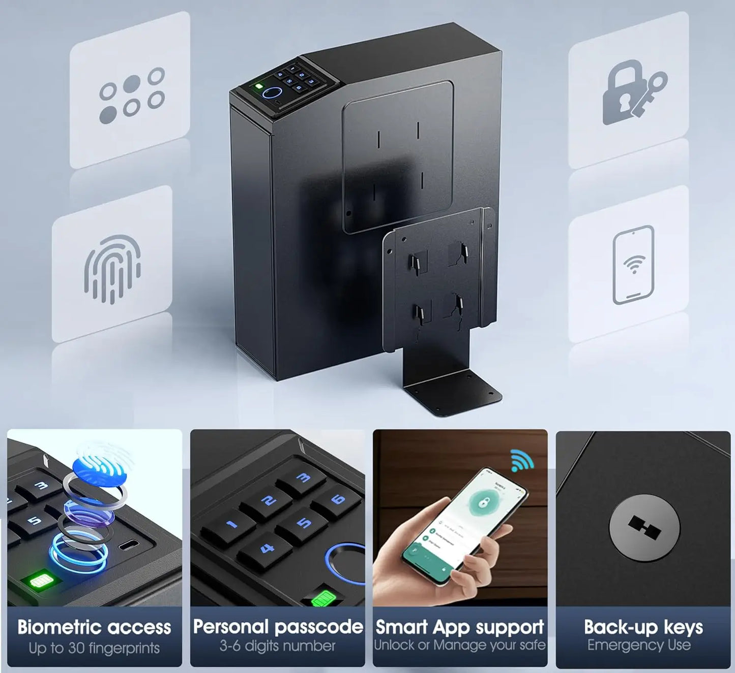 Biometric Gun Safe with Slider Design for Handgun 4 Ways to Unlock Fingerprint Key Access and PIN Code Mounted Nightstand Pistol Safe