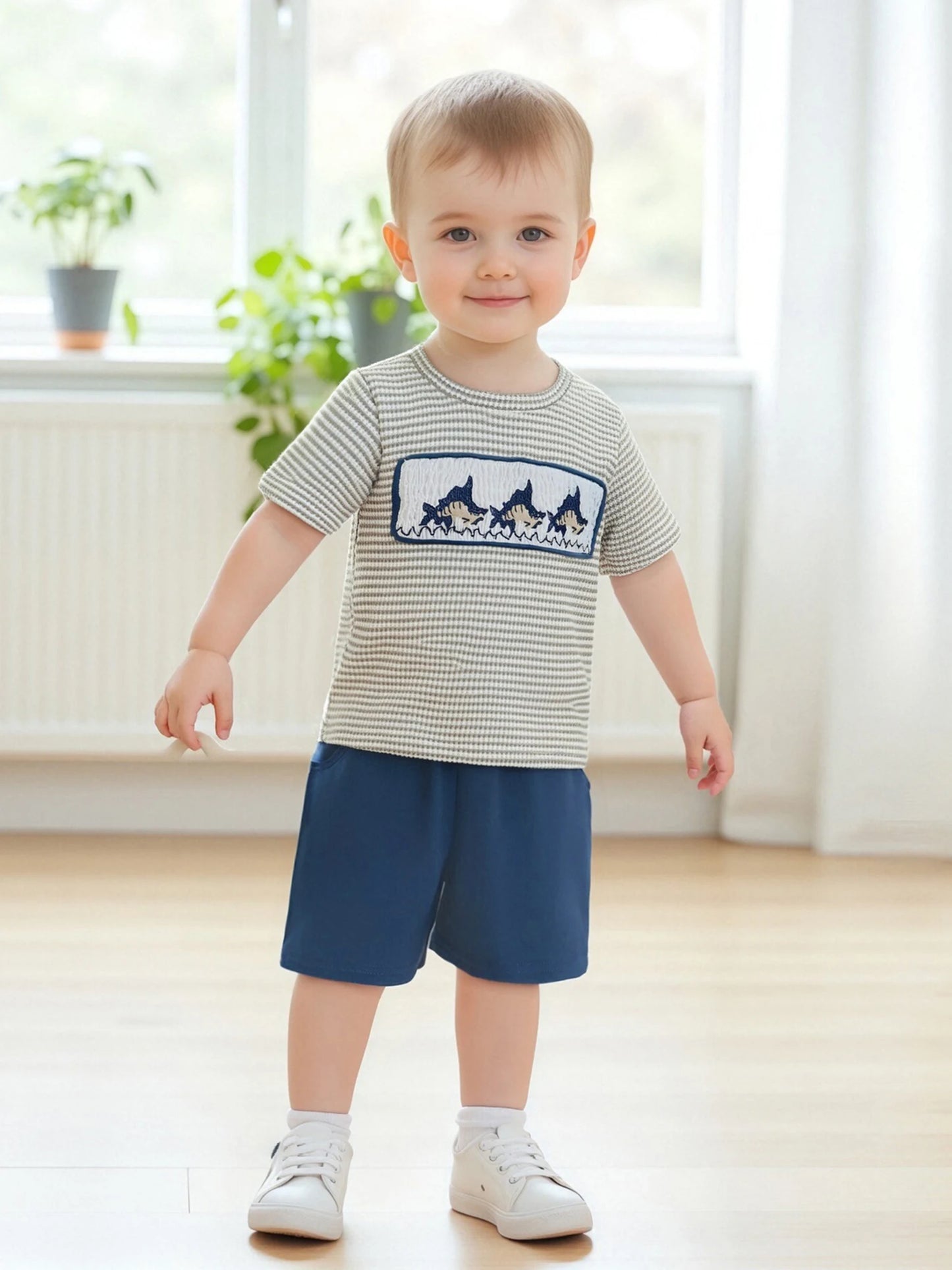 Toddler Boys Summer Fish Embroidered Tee And Shorts Set