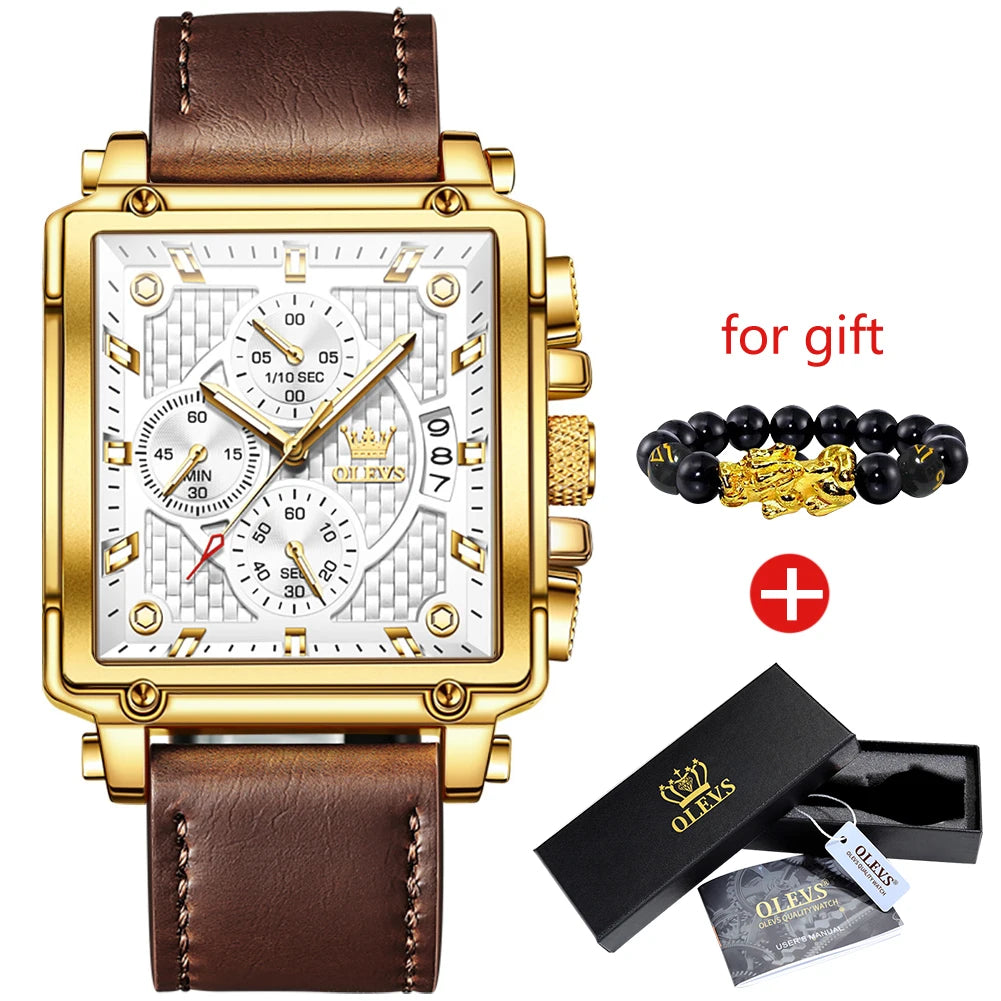 OLEVS Men Quartz Chronograph Watch Waterproof Leather Band Rectangle Case