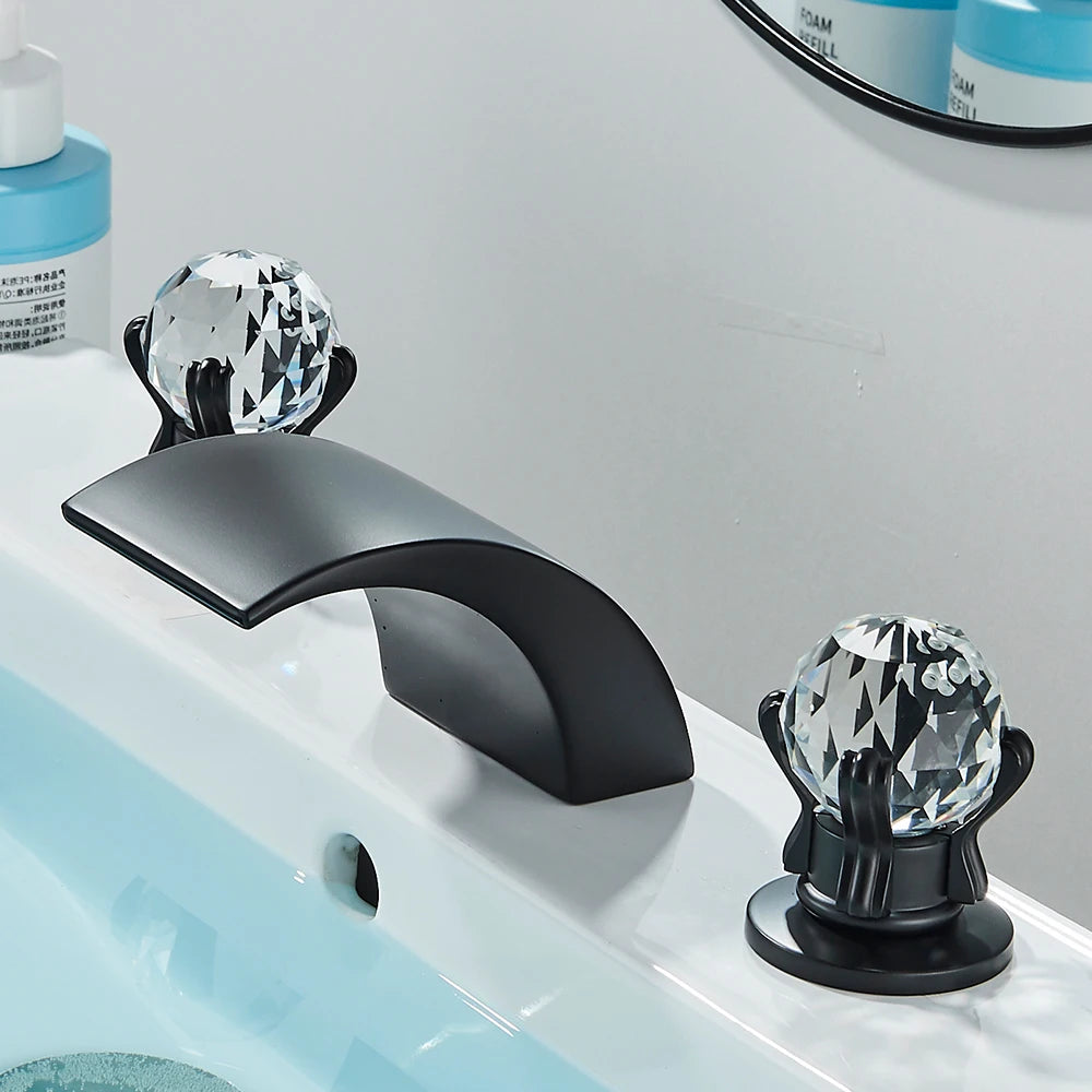 LED Widespread Bathroom Faucet Waterfall Gold Polished Lavatory Mixer Tap