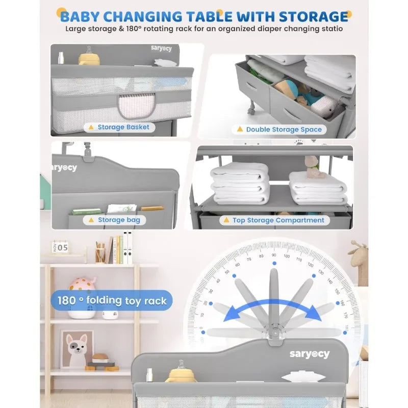 Baby Changing Table Versatile Folding Changing Table Waterproof Diaper Changing Station Adjustable Height with 2 Drawers Mobile Nursery for Infants