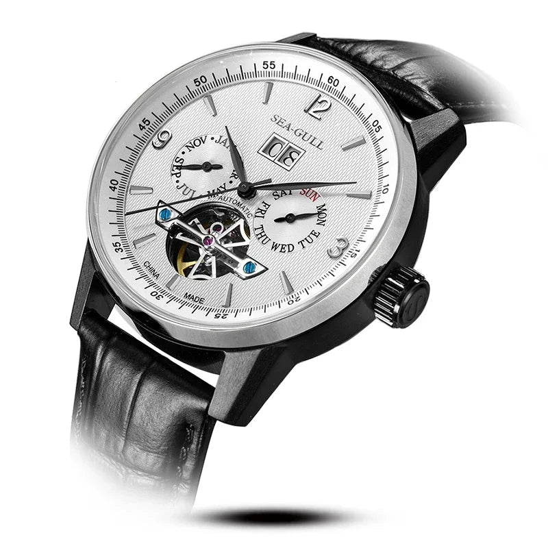 Sea Gull Men Automatic Watch Flywheel Mechanical Calendar Week Month Waterproof