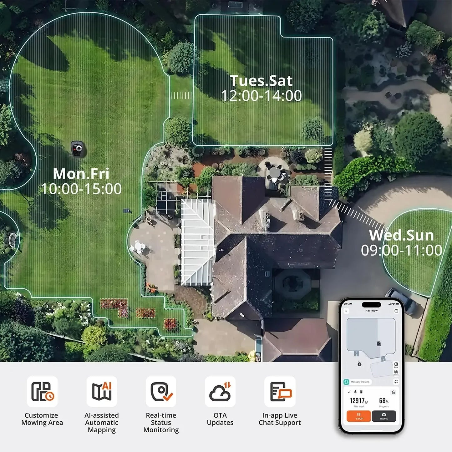 i110N Robot Lawn Mower Perimeter Wire Free 1/4 Acre RTK Vision Robotic Lawnmower AI Assisted Mapping Virtual Boundary App Control Quiet Multi Zone Management
