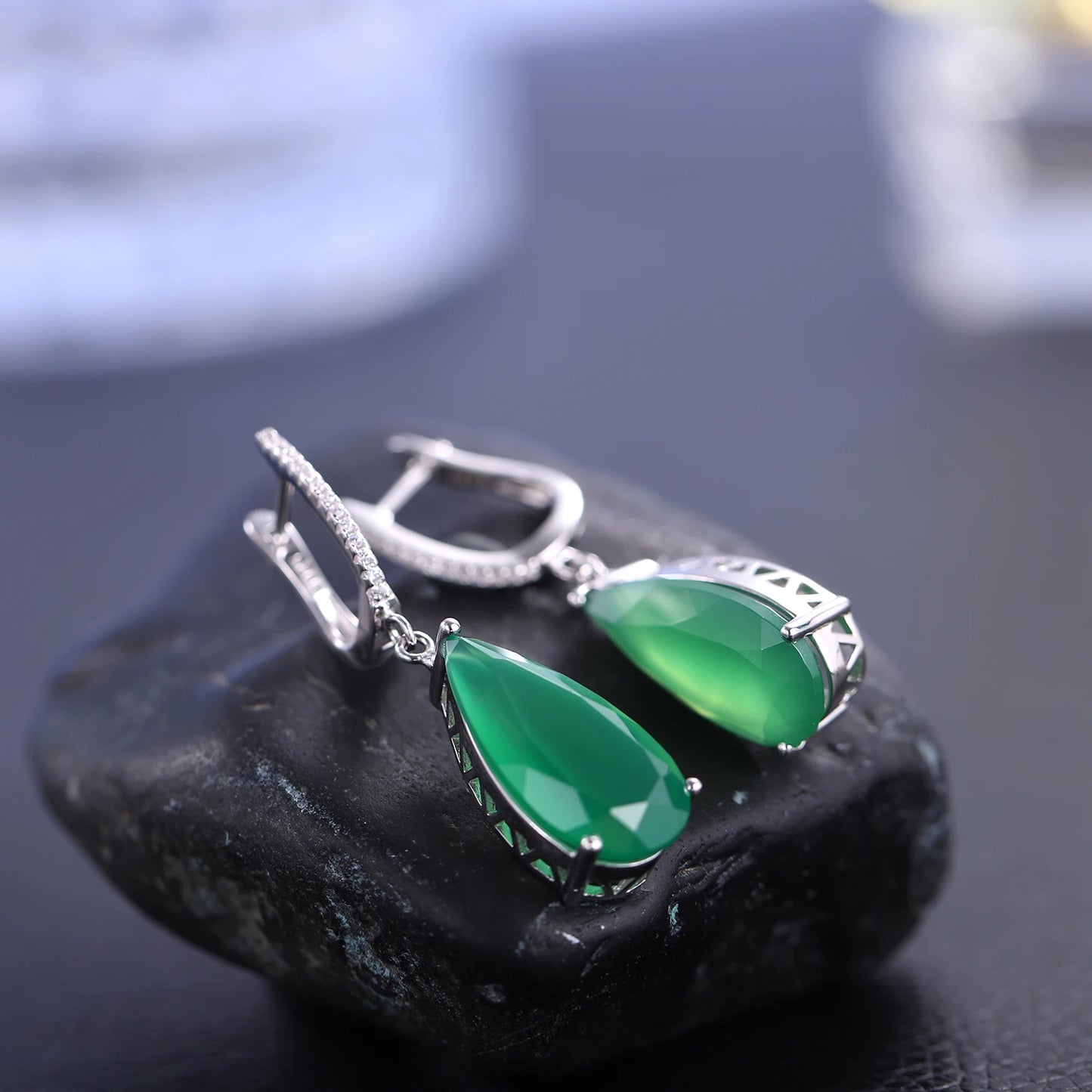 Gems Ballet Green Agate Drop Earrings 10x20mm Fine Jewelry 925 Sterling Silver