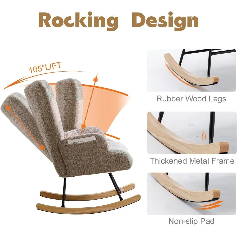 Nursery Rocking Chair Teddy Upholstered Glider Rocker High Backrest Comfy Accent Armchair