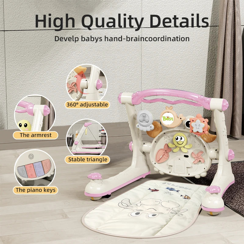 New Baby Toddler Multi Function Four in One Baby Car Fitness Rack Piano Baby Walking Car Table Trolley Toy for 0 to 18 Months