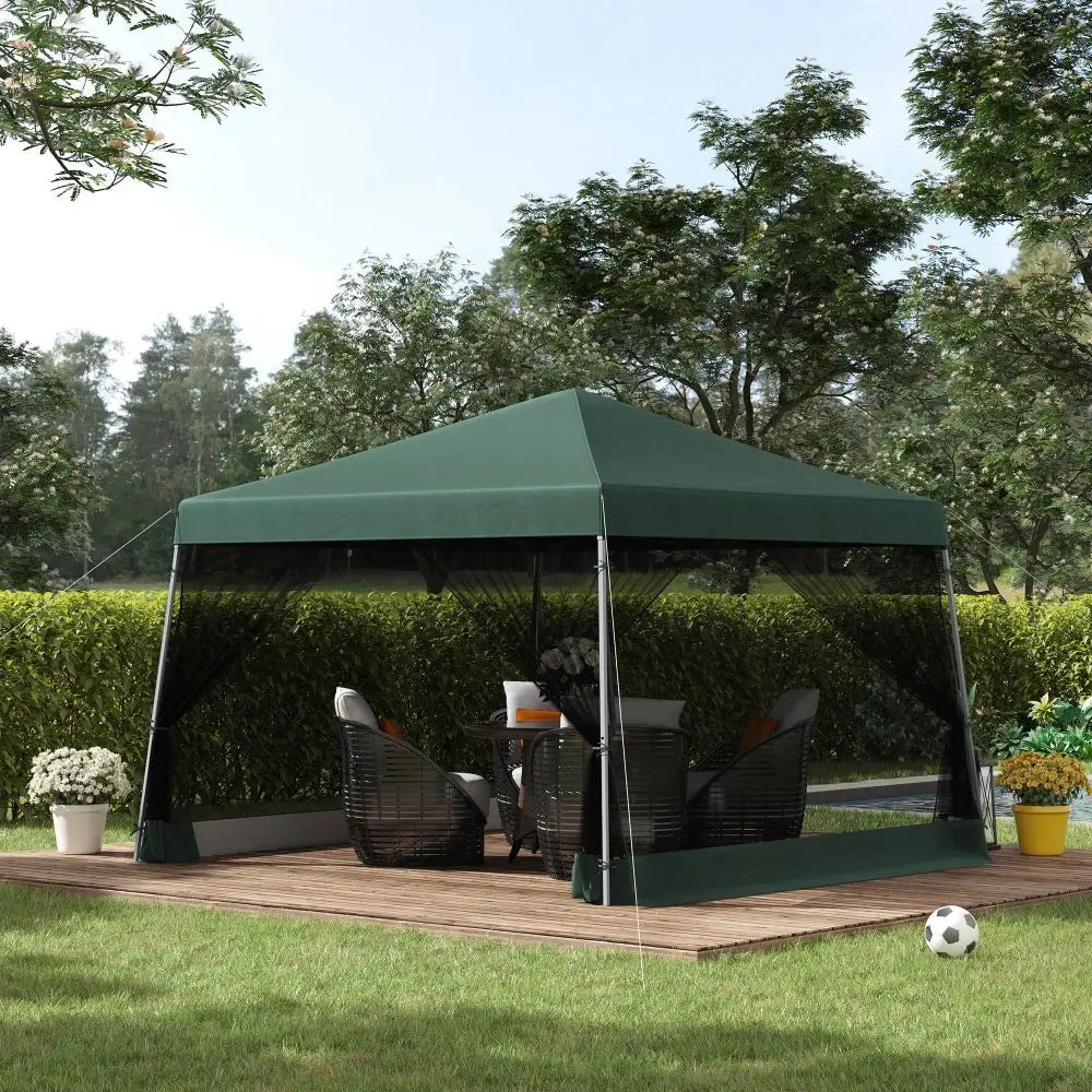 Instant Pop Up Slant Leg Canopy Tent Green Netting Height Adjustable Sun Shelter with Carry Bag for Outdoor Garden Patio Parties