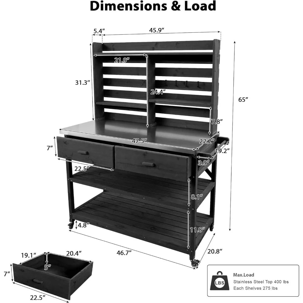 Outdoor Potting Bench With Lockable Wheels Stainless Steel Top And Towel Rack