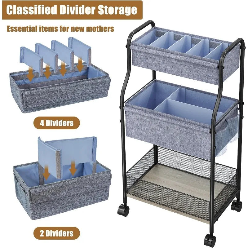 3 Tier Baby Diaper Caddy Organizer Storage Cart with 4 Plus 2 Dividers Mobile Metal Utility Cart with Rolling Wheels for Nursery Essentials