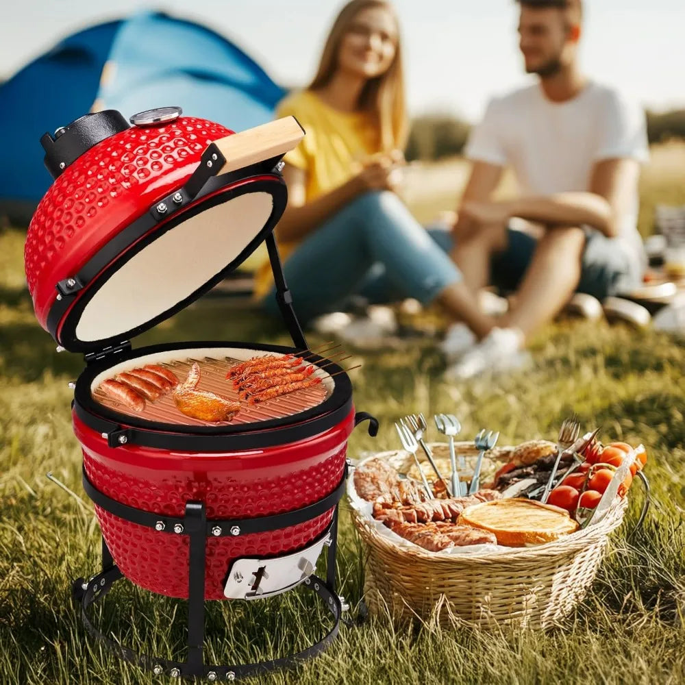 13" Round Kamado Charcoal Grill, Portable Ceramic Barbecue Grill With Thermometer For Variations On Cooking Methods(Red)
