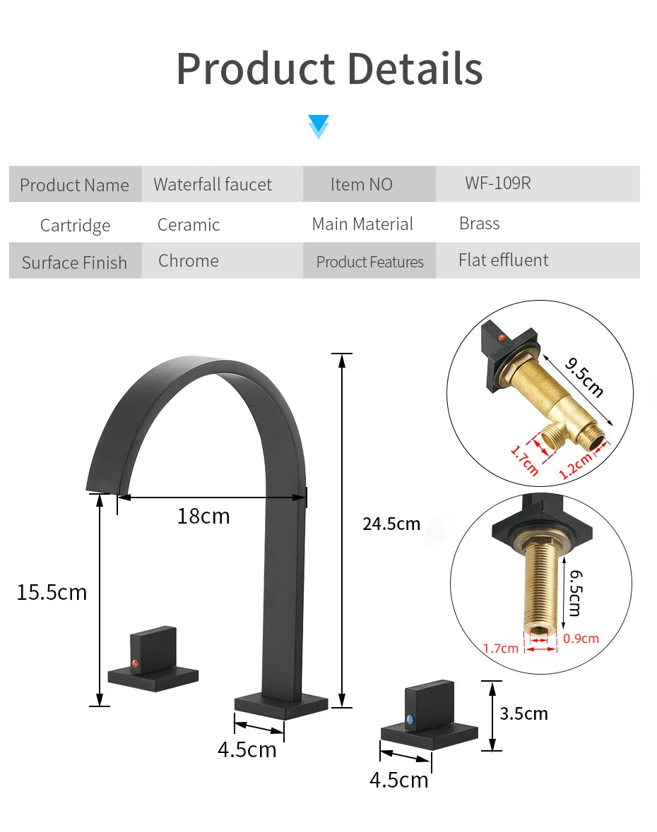 Brass Polished Black Square Deck Mounted Basin Faucet 8 Inch Widespread Hot Cold