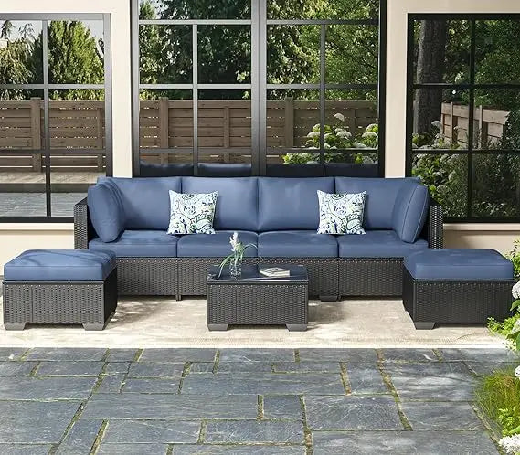 7 Piece Outdoor Patio Furniture Set L Shape Sectional Conversation Set with Coffee Table
