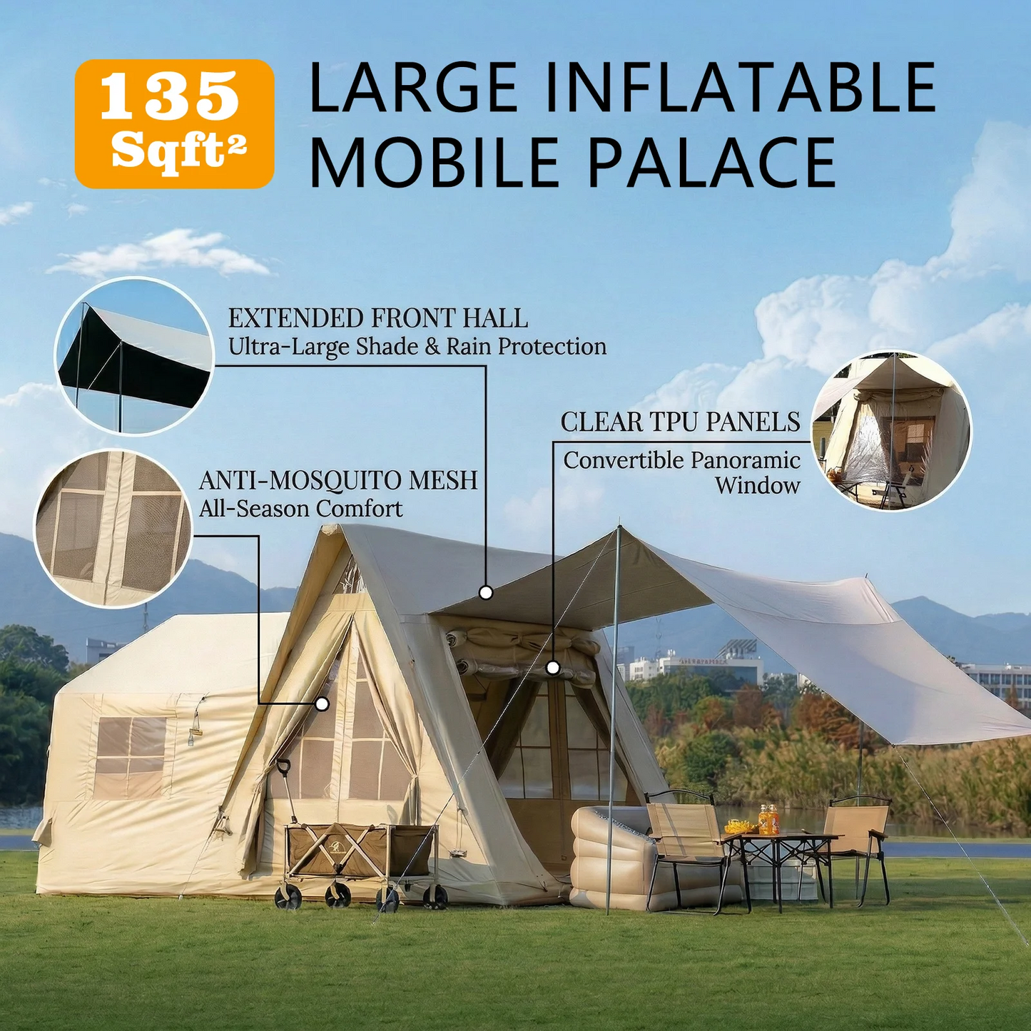 Inflatable 6 To 8 Person Camping Tent For 4 Season With Rainfly And Stove Jack