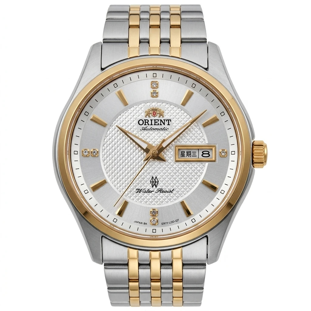 Orient Men's Business Automatic Mechanical Watch Dual Calendar Week Display Crystal Hour Markers Stainless Steel Band Wristwatch