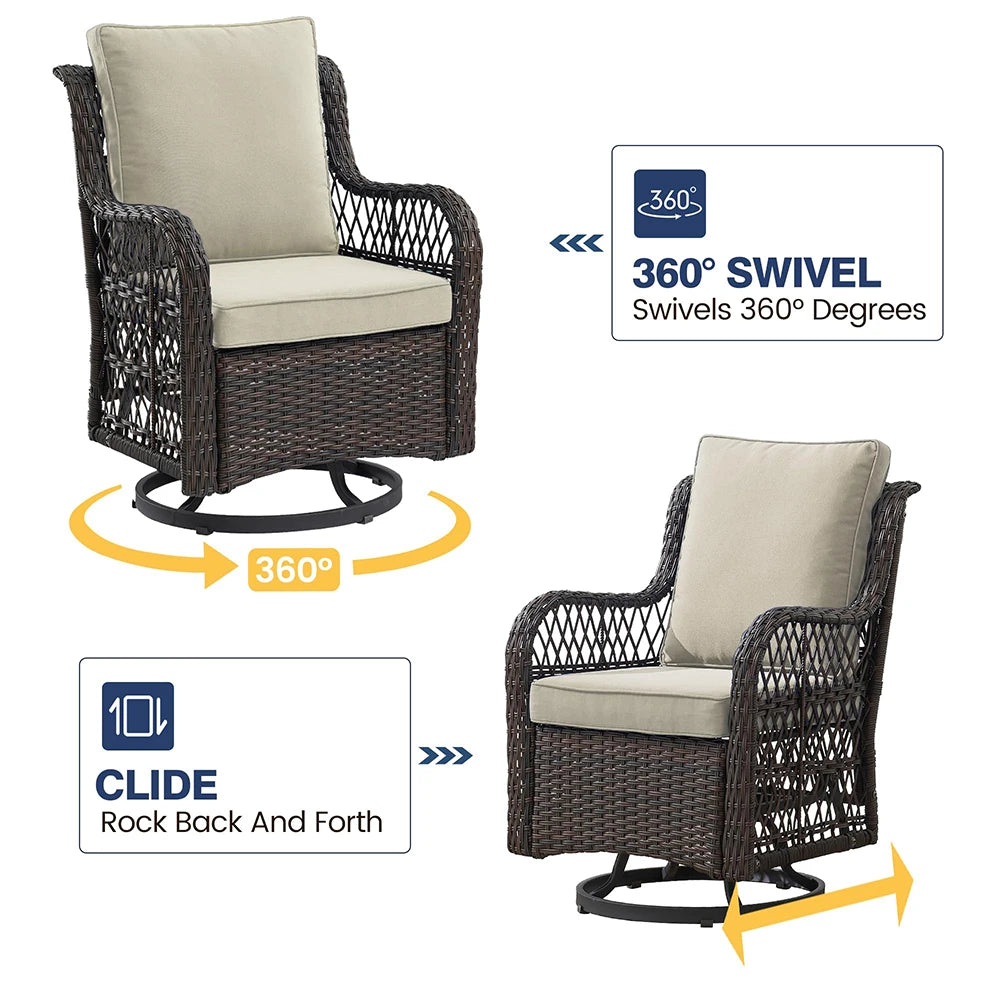3 Piece Wicker Swivel Rocking Patio Set With Cushions Two Chairs And Glass Table