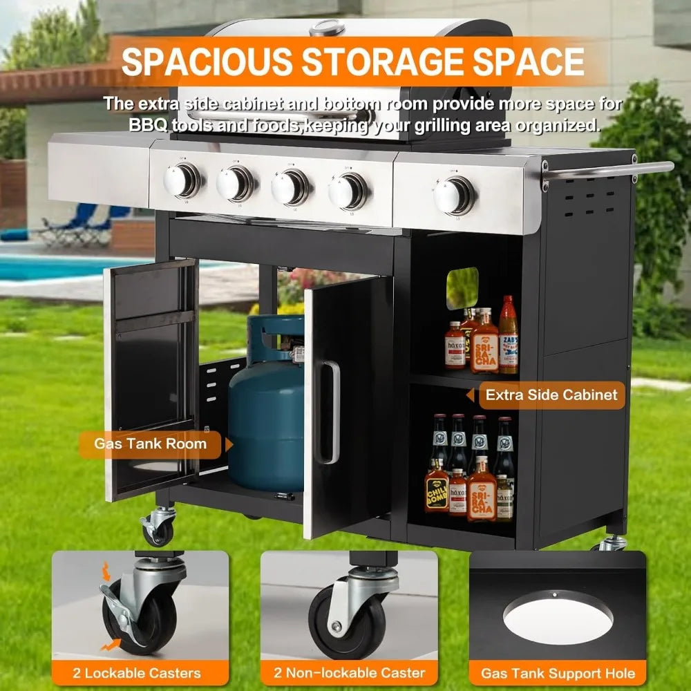 4-Burner Propane Gas Grill with Side Burner & Cabinet - 49,000 BTU Stainless Steel BBQ Grill, Porcelain-Enameled Cast Iron Grate