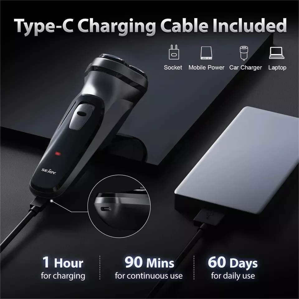 SEJOY Rechargeable Wet And Dry Electric Shaver Rotary Head Trimmer For Men