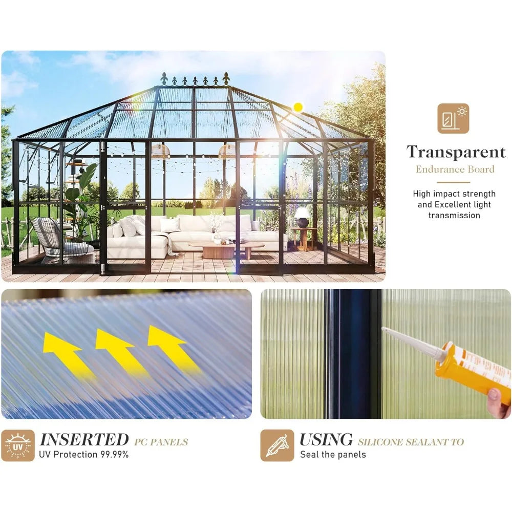 16x12x9.5 FT Pavilion Styled Greenhouse with Clear Panels Double Swing Doors and 4 Vents Hybrid Polycarbonate Greenhouse