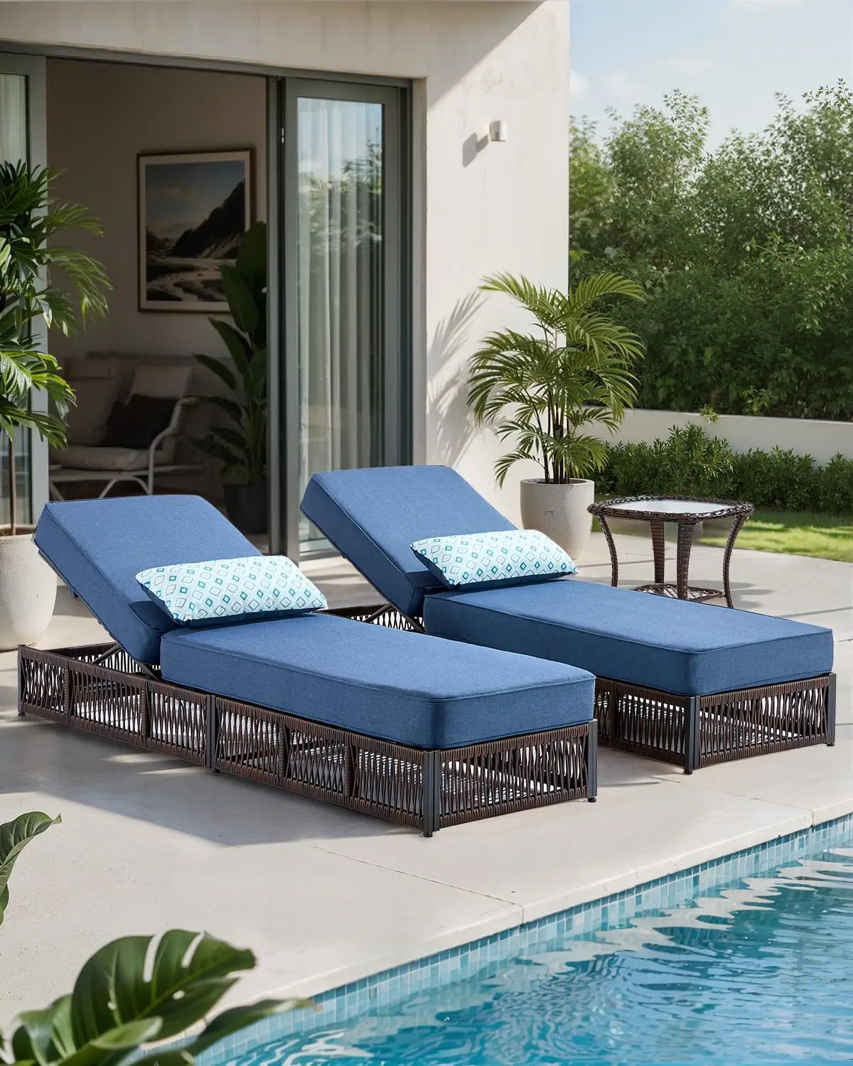 2 Piece Outdoor High Back Chaise Lounge Side Table Set Brown Wicker Cushions