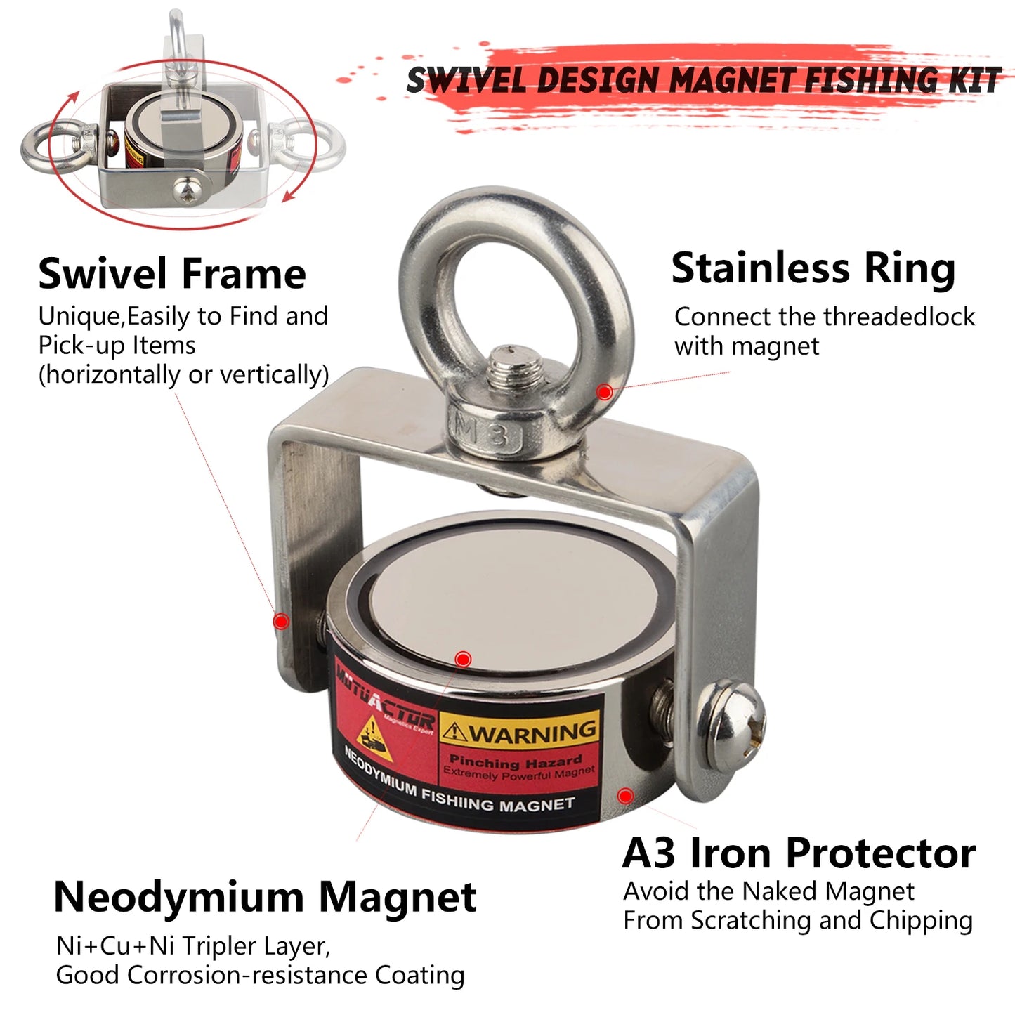 180KG Strong Magnetic Rotatable Pot Magnet Two Sided Fishing Salvage N52 D60mm Treasure Searching for Sea River Lake