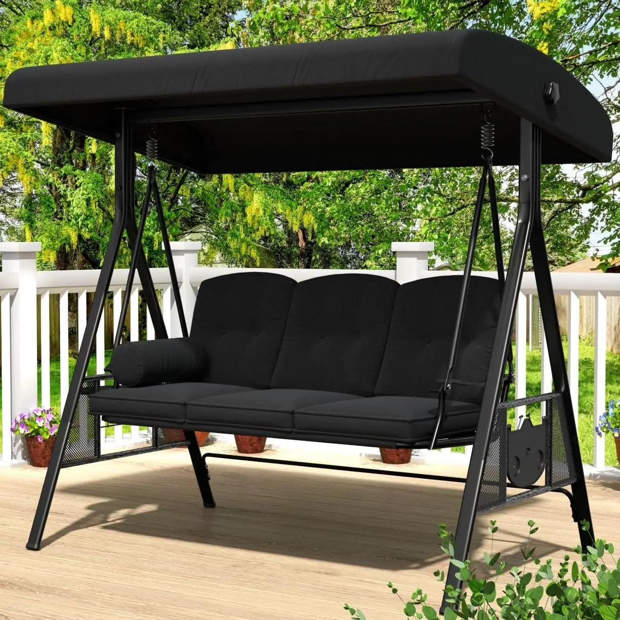 3 Seat Outdoor Porch Swing With Adjustable Canopy Beige Customizable Removable