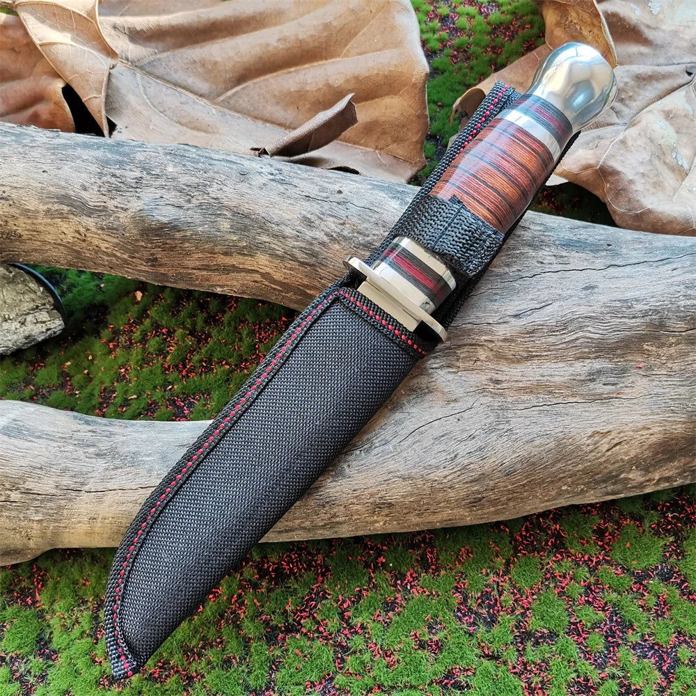 High Quality 8CR15Mov Steel Blade Hunting Knife with Wooden Handle Sharp and Reliable Straight Knife with Oxford Cloth Cover