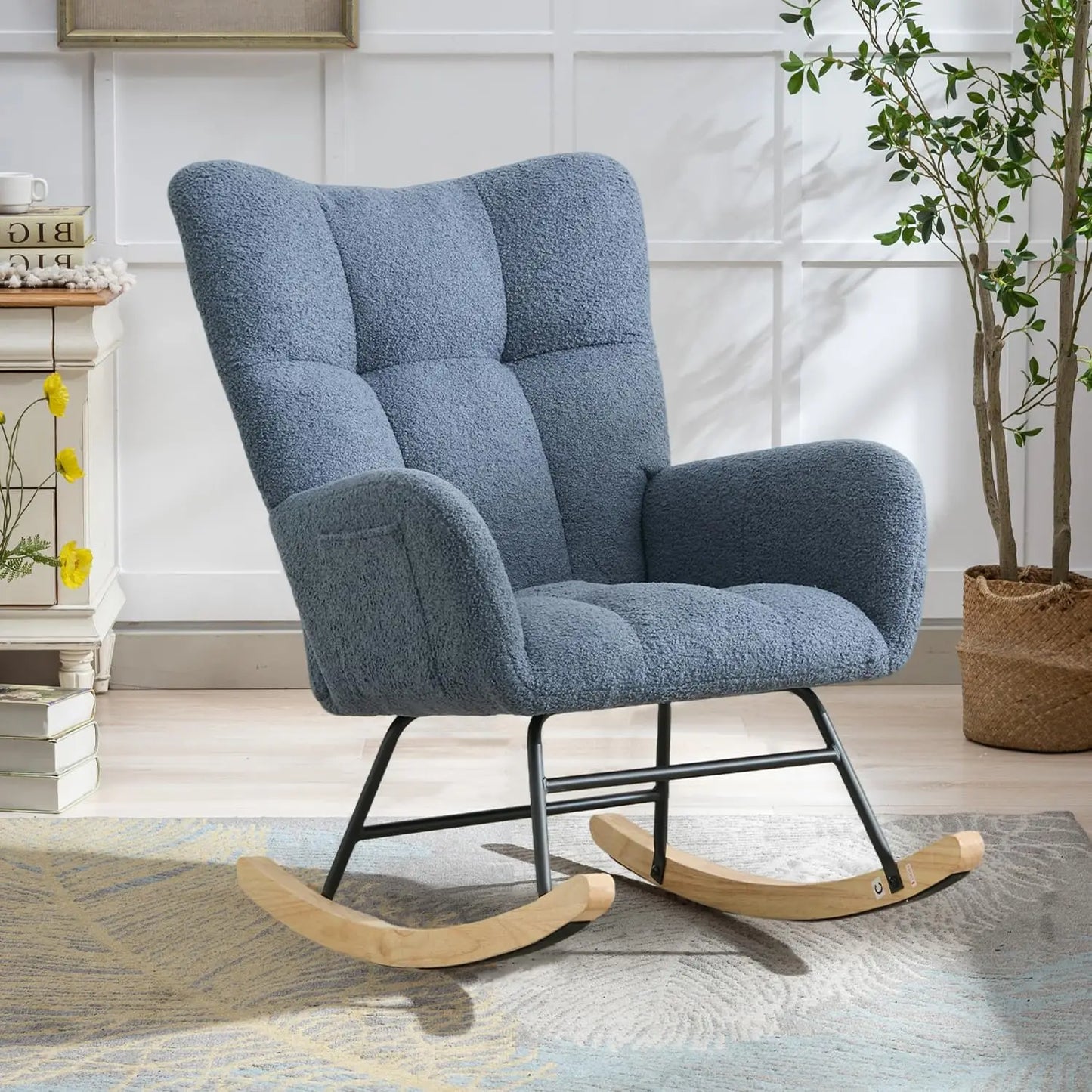 Nursery Rocking Chair Teddy Upholstered Glider Rocker Accent Chair with High Backrest Comfy Side Chair