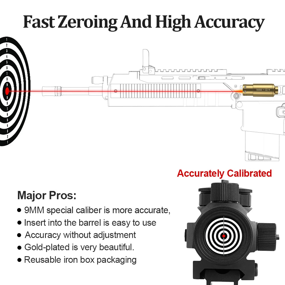 9MM Optics Cartridge Red Dot Laser Bore Brass Boresighter for Pistol Rifle Scope Hunting Accessories