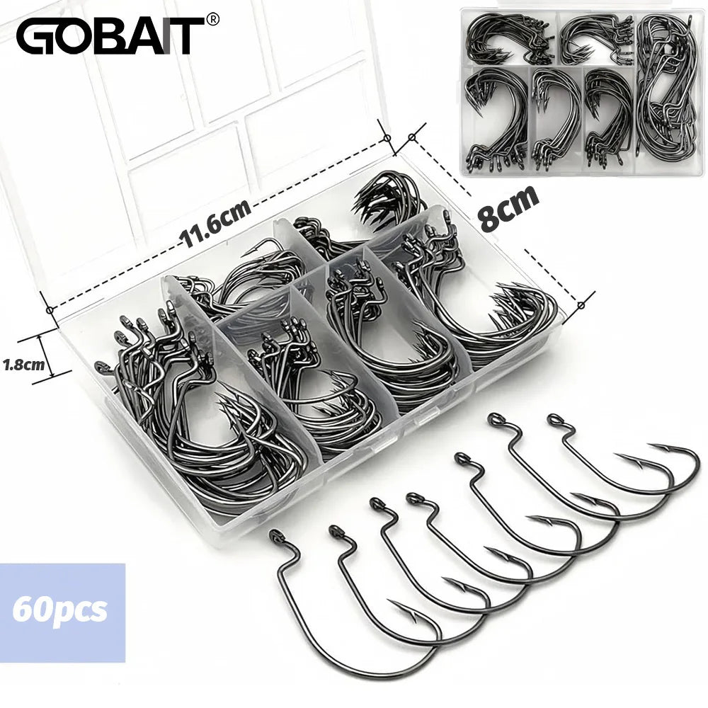 60pcs/ Box Worm Hooks Wide Gap Texas Rig Jig Crank Bass High Carbon Steel Offset Barbed Hook Fishing Tackle Soft Lure Fishhook