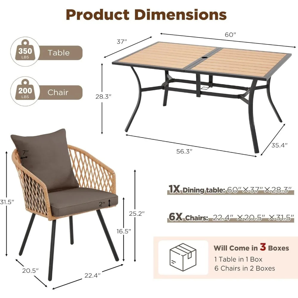 7 Piece Outdoor Patio Dining Set for 6 Wicker Rattan Furniture with Umbrella Hole and Cushions