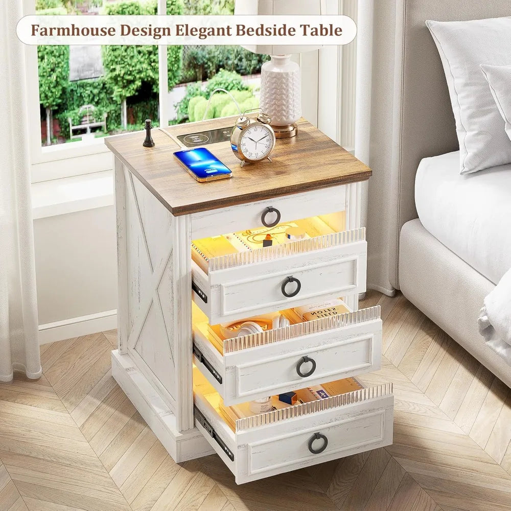 Farmhouse Night Stand with Gun Drawer Bedside Table with Charger Station LED Nightstand with Human Sensor Light Smart End Table