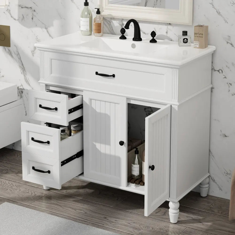 36 Inch Bathroom Vanity with Sink and Drawers Solid Frame MDF Board White