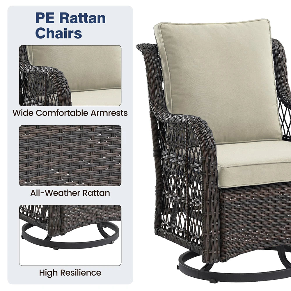 3 Piece Wicker Swivel Rocking Patio Set With Cushions Two Chairs And Glass Table