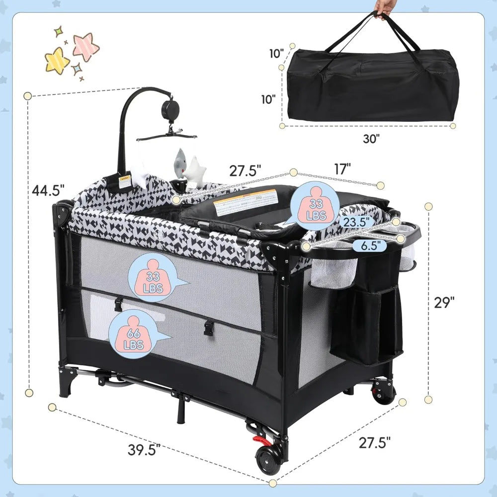 5 In 1 Pack And Play Baby Bassinet Bedside Sleeper With Diaper Changer Storage Bag And Music Box Portable Baby Crib