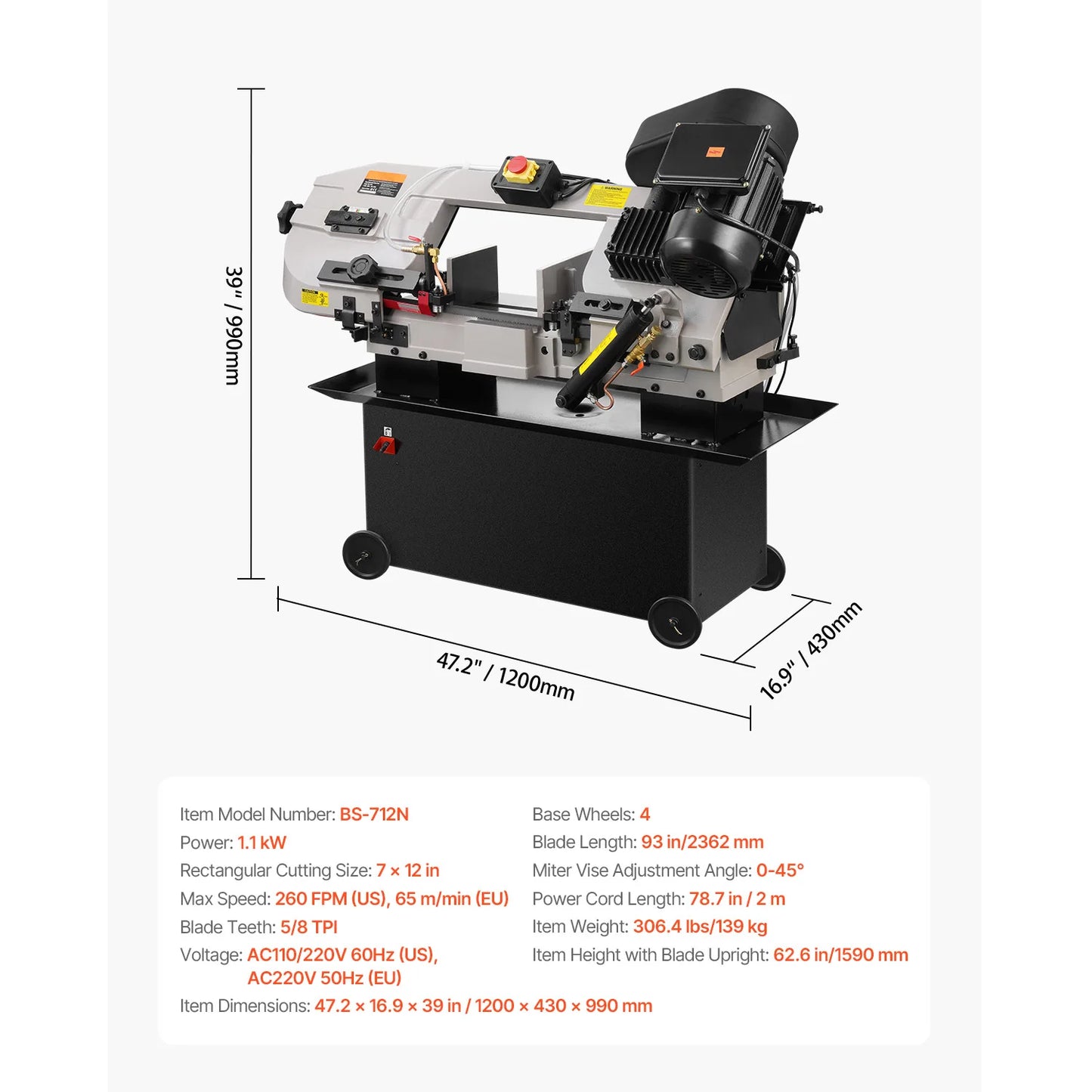 SucceBuy Metal Horizontal Band Saw 7 x 12 in / 7 x 8.25 in Rectangular Cutting Capacity Variable Speed, for Metal, Wood, Plastic