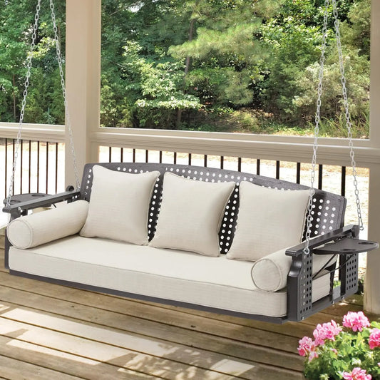 3 Seat Porch Swing With Cup Holders And Back Cushions For Deck Garden