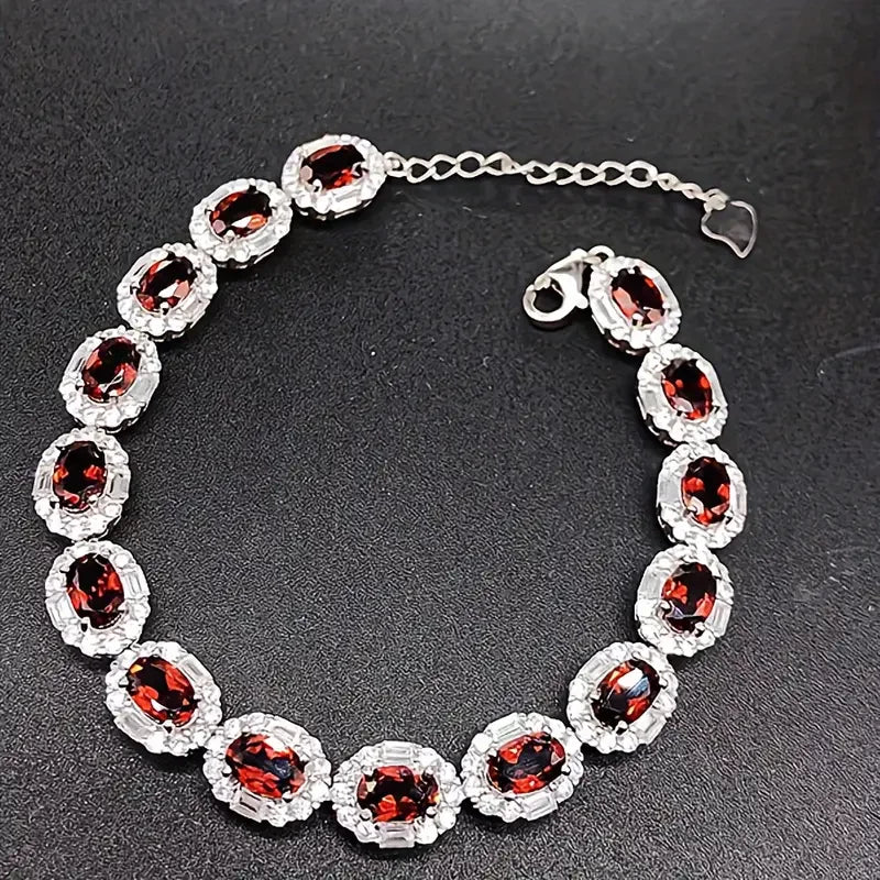 S925 Sterling Silver Garnet Bracelet Natural Red Stone Minimalist Gift For Her