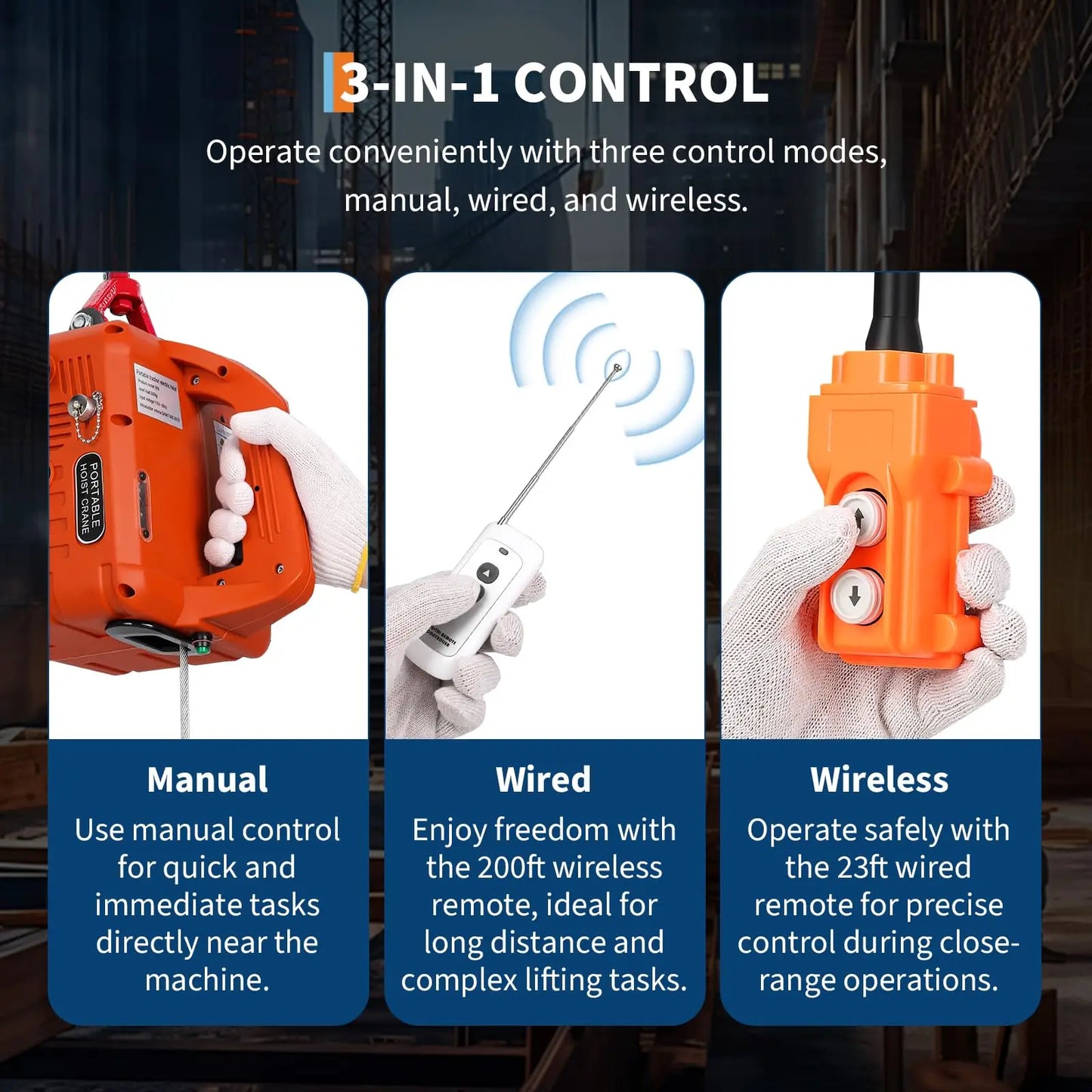 3 In 1 Electric Hoist Winch 1500W 110V Portable Remote Control Crane 1100 Lb