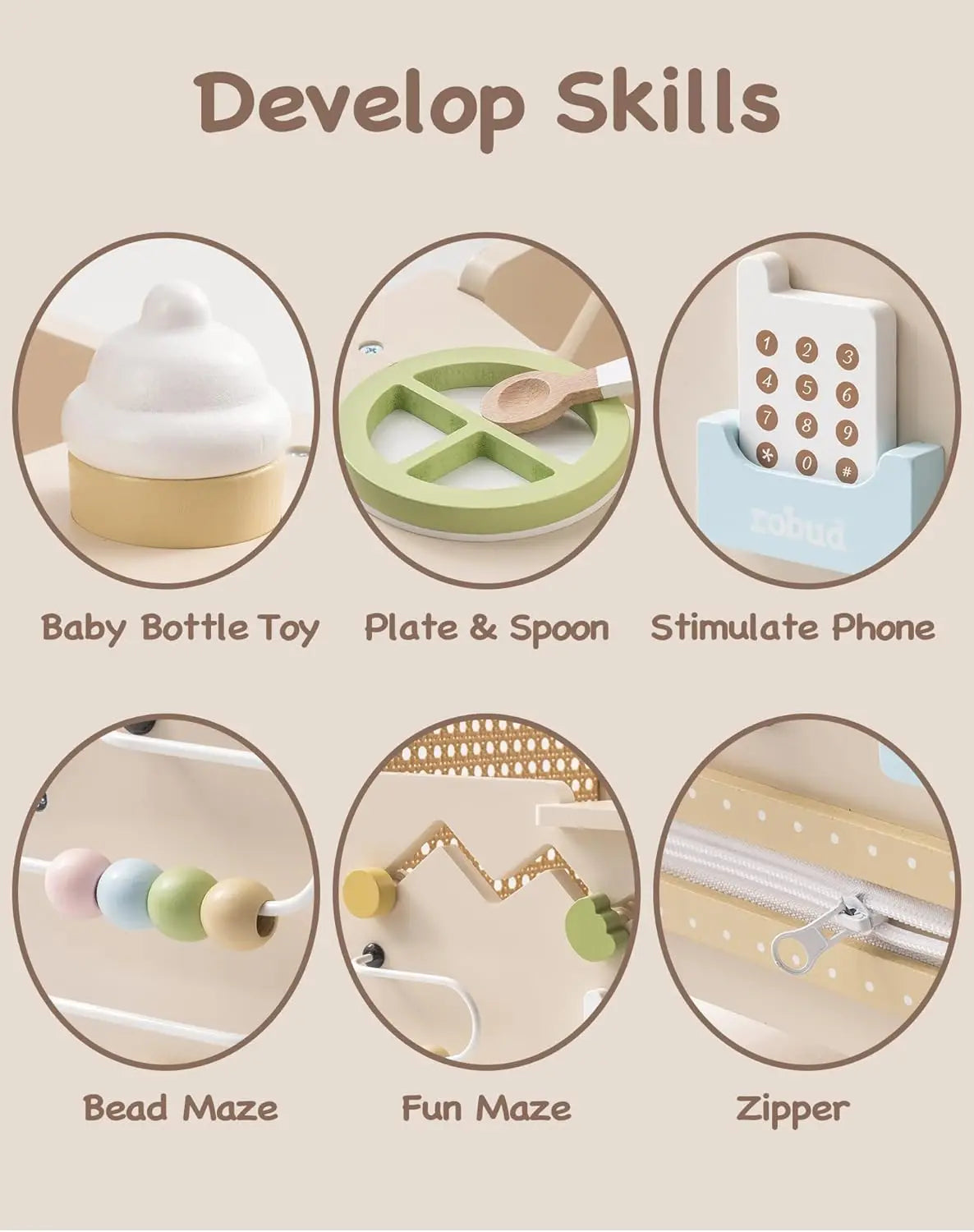 Robotime Robud Wooden Baby Walker Doll Stroller Push Along Walker with Safety Brake for 10 Months and Up