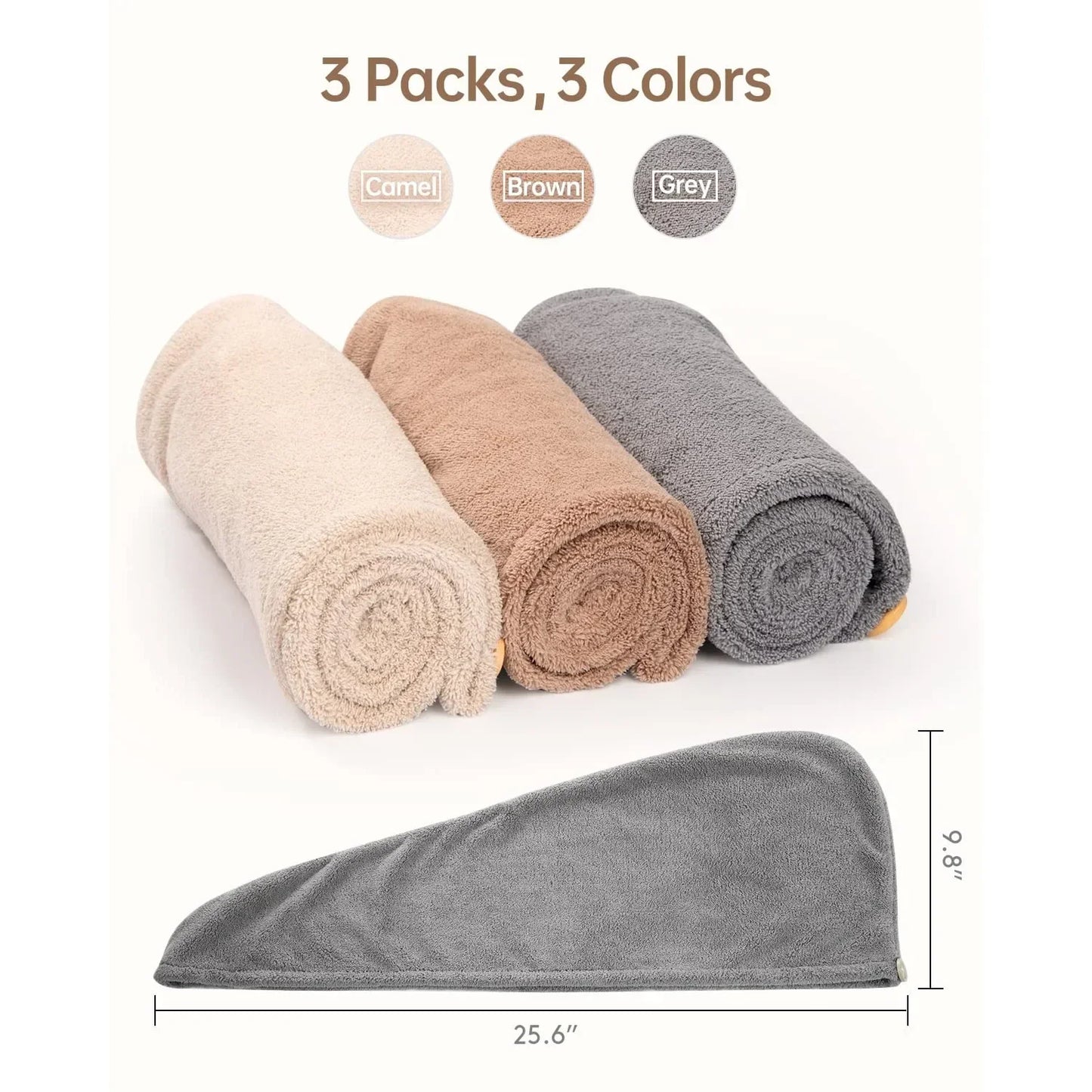3 Pack Super Absorbent Microfiber Hair Towel with Buckle in Gray Camel and Brown