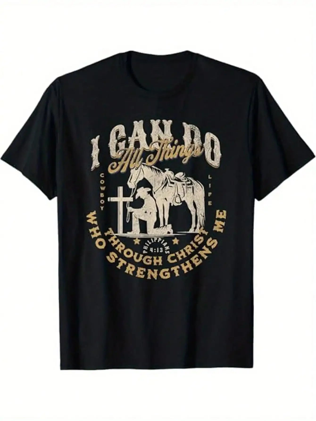 Cowboy Jesus T Shirt 100 Percent Cotton Kneeling Cross Scripture Western Bible Verse Black Sizes S Through XXXL