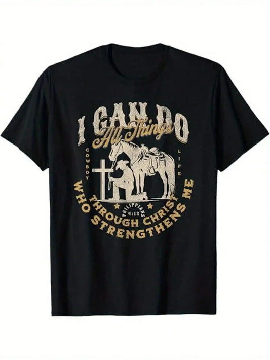 Cowboy Jesus T Shirt 100 Percent Cotton Kneeling Cross Scripture Western Bible Verse Black Sizes S Through XXXL