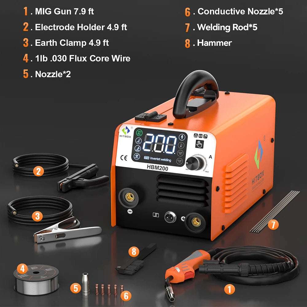 HITBOX Non Gas Semi Automatic Welding Machine 3 in 1 MIG LIFT TIG MMA Inverter Welder Synergy Tool HBM200