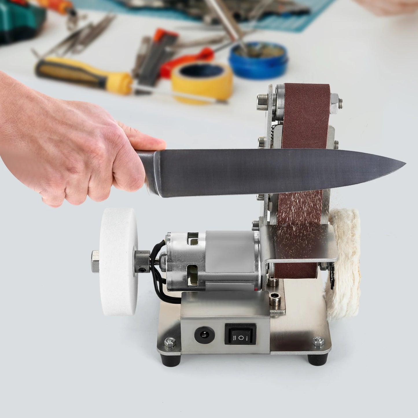 775 Motor Mini Belt Sander Electric Bench Grinder 304 Stainless Steel Tabletop Polisher Sanding Machine Adjustable Speed