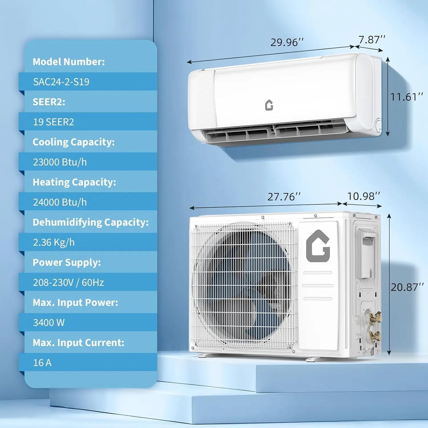 24000 BTU Mini Split Air Conditioner with Heater,19 SEER2, 230V Energy Ductless Wall-Mounted AC Unit with Remote Cools Rooms