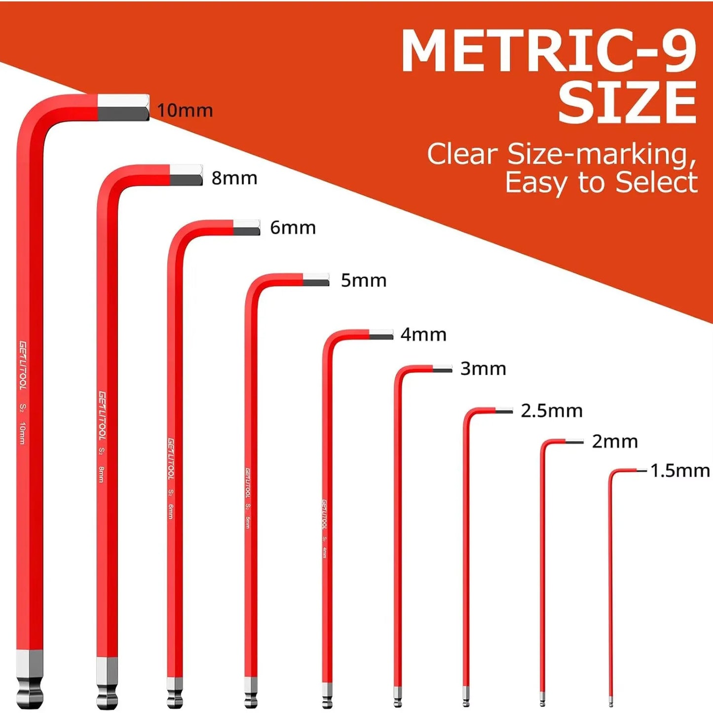 9pc Magnetic S2 Steel Metric Allen Key Set Long Arm BallEnd