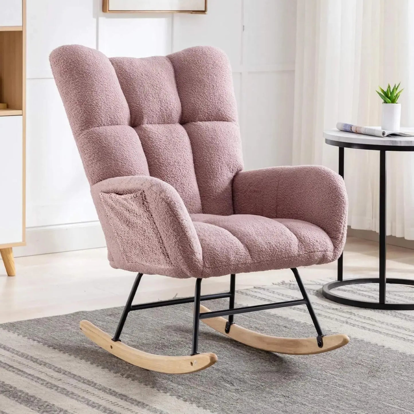 Nursery Rocking Chair Teddy Upholstered Glider Rocker High Backrest Comfy Accent Armchair