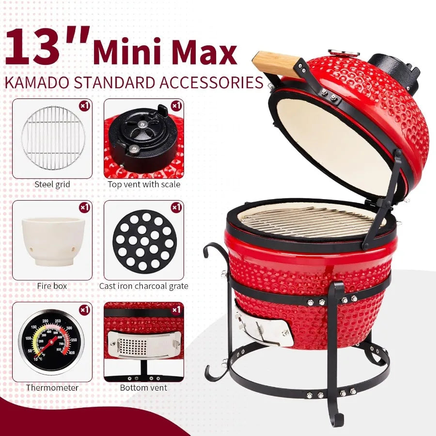 13 Round Kamado Charcoal Grill Portable Ceramic Barbecue Built In Thermometer